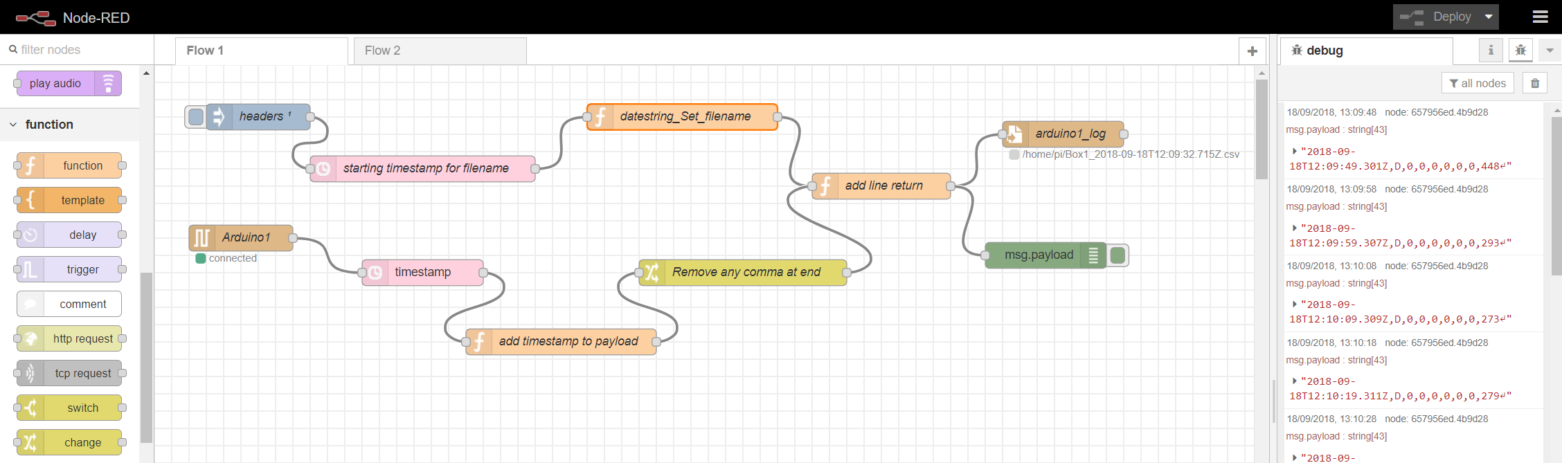 Node Red flow for single Arduino