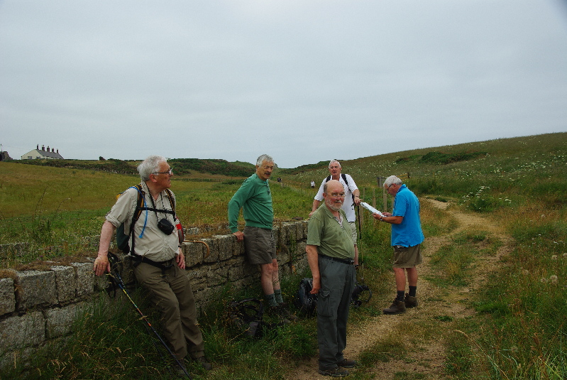 Jim T, Richard, Phil, Jim B and John on the Northumberland Coast Path north of Boulmer, Northumberland, 20 July 2013