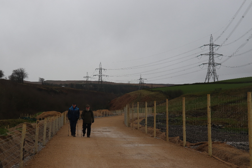 The temporary road at Dunford Bridge with condemned pylons