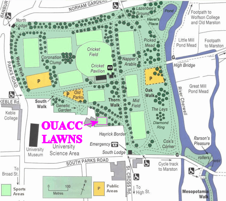 If you enter uni parks by the south entrance on Parks Road. Follow the path east take right at fork then straight on and you should see the lawns on your right.