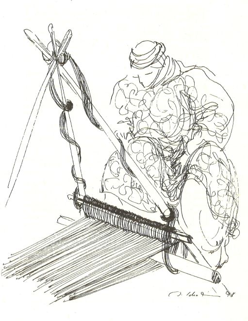 Frau am Webstuhl. Illustration von Ingrid Schaar (1978)