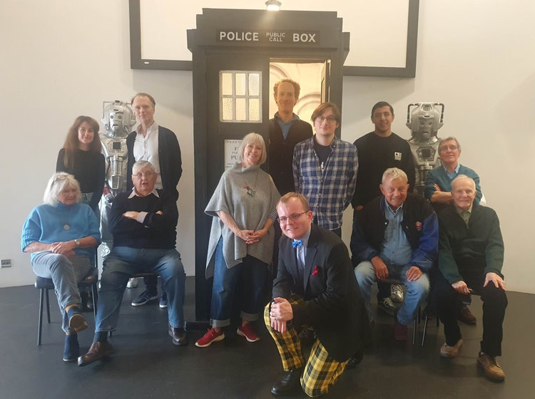 Ian, James, and Adam with Jennie Linden, Sadie Miller, Derek Martin, Christopher Naylor, Wendy Padbury, Andrew Burford, Frazer Hines, Christopher Ryan, and David Gooderson at Bedford Who Charity Convention 8 in 2023